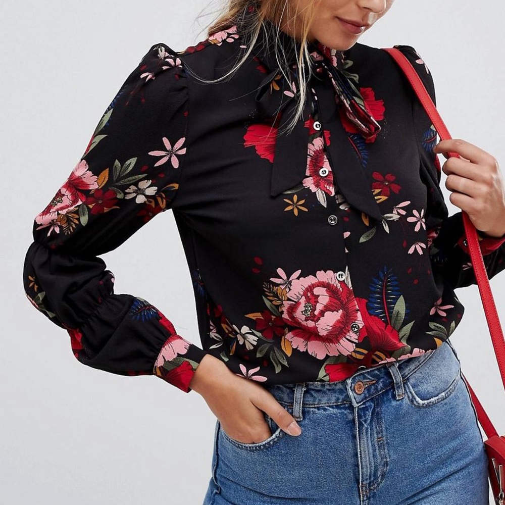 Peony print secretary blouse